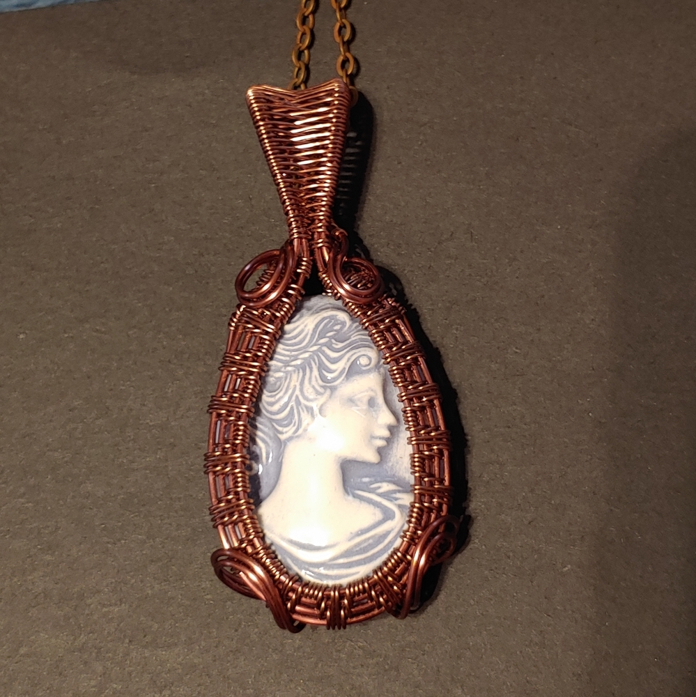 Handmade Copper Wire Wrap Cameo Pendant Necklace